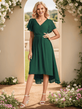 Chic V Neck Asymmetrical Hem Ruffles Sleeve Pleated Chiffon Wedding Guest Dress Bridesmaid Dresses