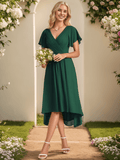 Chic V Neck Asymmetrical Hem Ruffles Sleeve Pleated Chiffon Wedding Guest Dress Bridesmaid Dresses