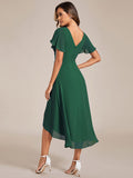 Chic V Neck Asymmetrical Hem Ruffles Sleeve Pleated Chiffon Wedding Guest Dress Bridesmaid Dresses