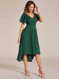 Chic V Neck Asymmetrical Hem Ruffles Sleeve Pleated Chiffon Wedding Guest Dress Bridesmaid Dresses