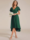 Chic V Neck Asymmetrical Hem Ruffles Sleeve Pleated Chiffon Wedding Guest Dress Bridesmaid Dresses