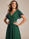 Chic V Neck Asymmetrical Hem Ruffles Sleeve Pleated Chiffon Wedding Guest Dress Bridesmaid Dresses