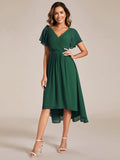 Chic V Neck Asymmetrical Hem Ruffles Sleeve Pleated Chiffon Wedding Guest Dress Bridesmaid Dresses