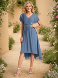 Chic V Neck Asymmetrical Hem Ruffles Sleeve Pleated Chiffon Wedding Guest Dress Bridesmaid Dresses