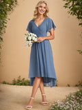 Chic V Neck Asymmetrical Hem Ruffles Sleeve Pleated Chiffon Wedding Guest Dress Bridesmaid Dresses