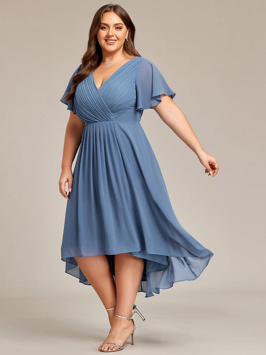 Chic V Neck Asymmetrical Hem Ruffles Sleeve Pleated Chiffon Wedding Guest Dress Bridesmaid Dresses