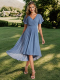 Chic V Neck Asymmetrical Hem Ruffles Sleeve Pleated Chiffon Wedding Guest Dress Bridesmaid Dresses
