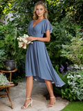 Chic V Neck Asymmetrical Hem Ruffles Sleeve Pleated Chiffon Wedding Guest Dress Bridesmaid Dresses