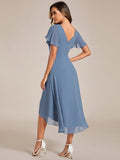 Chic V Neck Asymmetrical Hem Ruffles Sleeve Pleated Chiffon Wedding Guest Dress Bridesmaid Dresses