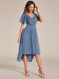 Chic V Neck Asymmetrical Hem Ruffles Sleeve Pleated Chiffon Wedding Guest Dress Bridesmaid Dresses