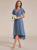 Chic V Neck Asymmetrical Hem Ruffles Sleeve Pleated Chiffon Wedding Guest Dress Bridesmaid Dresses