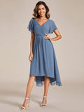 Chic V Neck Asymmetrical Hem Ruffles Sleeve Pleated Chiffon Wedding Guest Dress Bridesmaid Dresses