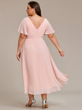 Chic V Neck Asymmetrical Hem Ruffles Sleeve Pleated Chiffon Wedding Guest Dress Bridesmaid Dresses