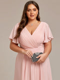 Chic V Neck Asymmetrical Hem Ruffles Sleeve Pleated Chiffon Wedding Guest Dress Bridesmaid Dresses
