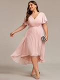Chic V Neck Asymmetrical Hem Ruffles Sleeve Pleated Chiffon Wedding Guest Dress Bridesmaid Dresses