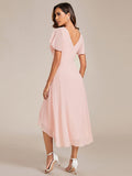 Chic V Neck Asymmetrical Hem Ruffles Sleeve Pleated Chiffon Wedding Guest Dress Bridesmaid Dresses