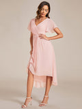 Chic V Neck Asymmetrical Hem Ruffles Sleeve Pleated Chiffon Wedding Guest Dress Bridesmaid Dresses