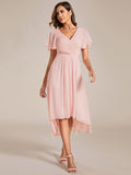 Chic V Neck Asymmetrical Hem Ruffles Sleeve Pleated Chiffon Wedding Guest Dress Bridesmaid Dresses
