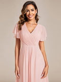 Chic V Neck Asymmetrical Hem Ruffles Sleeve Pleated Chiffon Wedding Guest Dress Bridesmaid Dresses