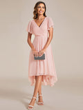 Chic V Neck Asymmetrical Hem Ruffles Sleeve Pleated Chiffon Wedding Guest Dress Bridesmaid Dresses