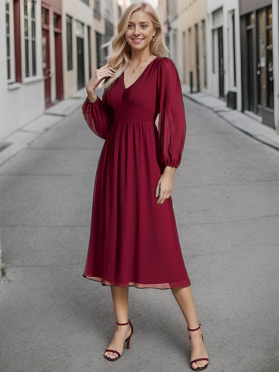 Chiffon V-Neck Long Sleeves Elastic Band Midi Wedding Guest Dress Mother of the Bride Dresses