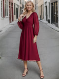 Chiffon V-Neck Long Sleeves Elastic Band Midi Wedding Guest Dress Mother of the Bride Dresses