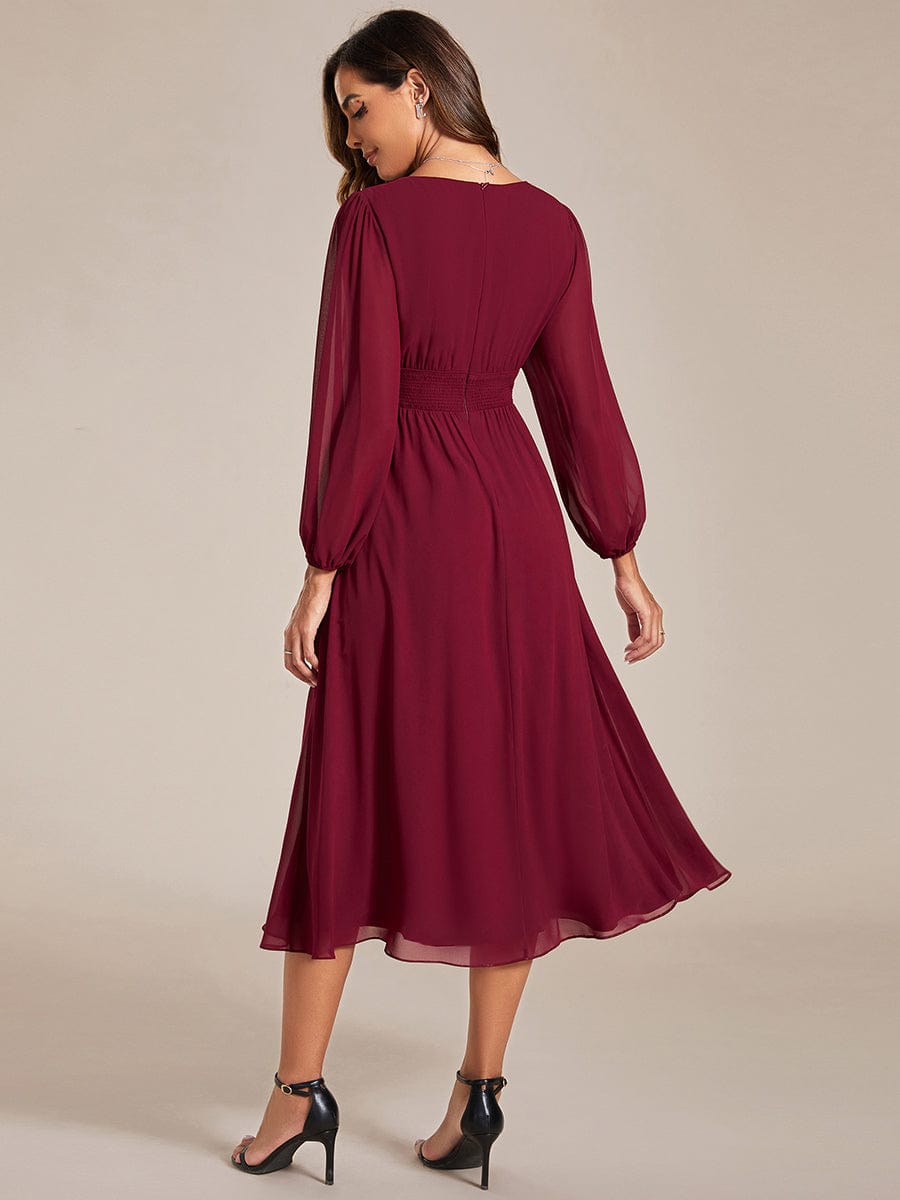 Chiffon V-Neck Long Sleeves Elastic Band Midi Wedding Guest Dress Mother of the Bride Dresses