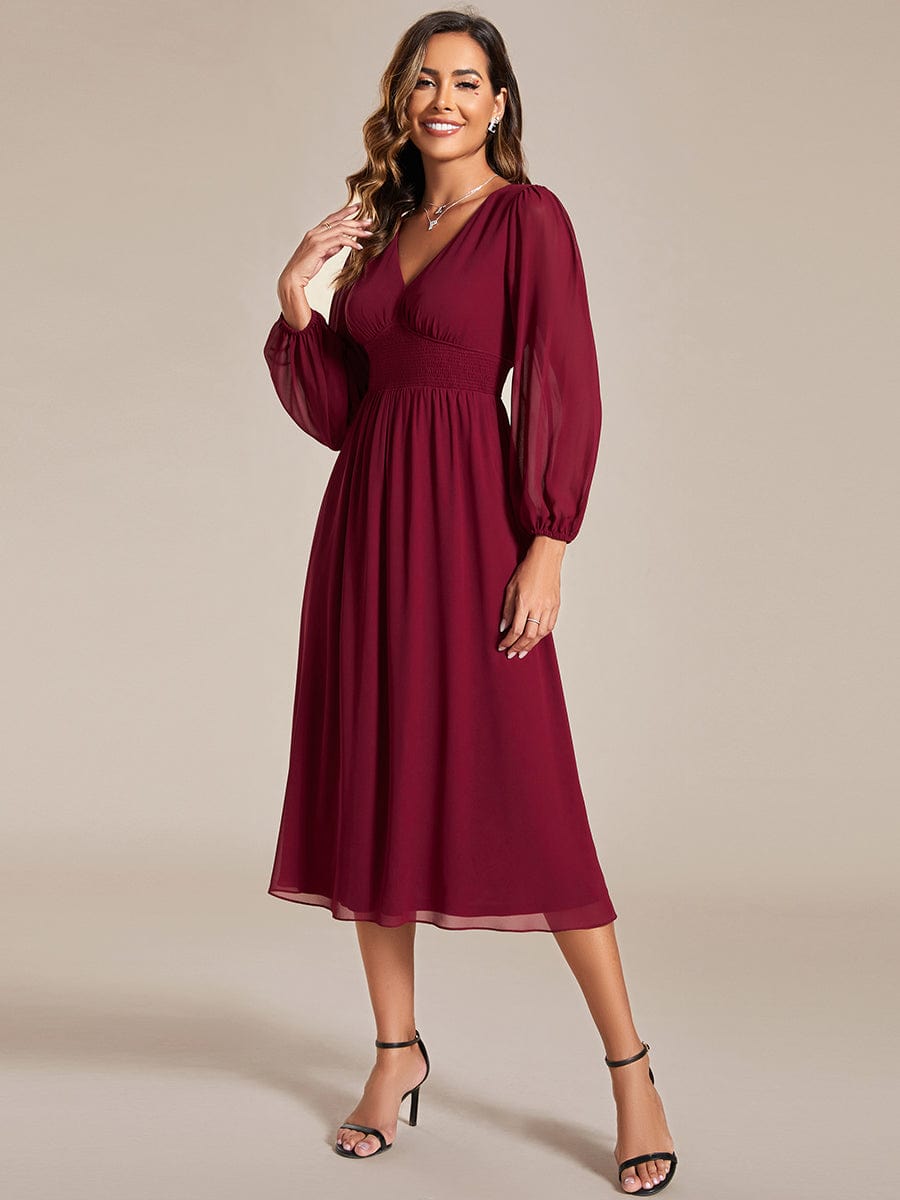 Chiffon V-Neck Long Sleeves Elastic Band Midi Wedding Guest Dress Mother of the Bride Dresses
