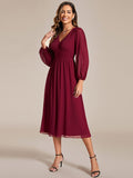 Chiffon V-Neck Long Sleeves Elastic Band Midi Wedding Guest Dress Mother of the Bride Dresses