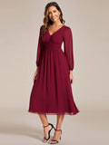 Chiffon V-Neck Long Sleeves Elastic Band Midi Wedding Guest Dress Mother of the Bride Dresses