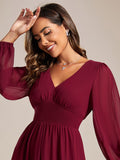 Chiffon V-Neck Long Sleeves Elastic Band Midi Wedding Guest Dress Mother of the Bride Dresses