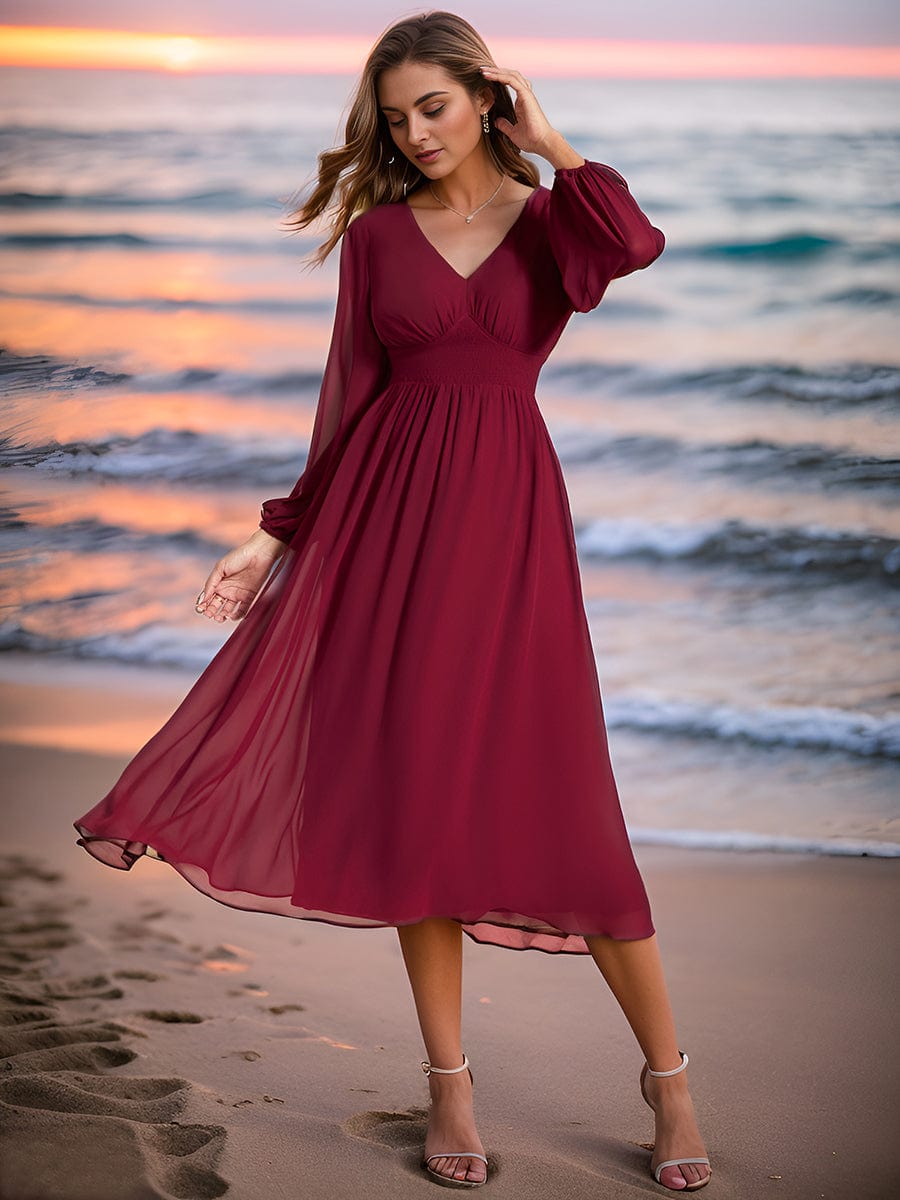 Chiffon V-Neck Long Sleeves Elastic Band Midi Wedding Guest Dress Mother of the Bride Dresses