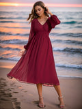 Chiffon V-Neck Long Sleeves Elastic Band Midi Wedding Guest Dress Mother of the Bride Dresses