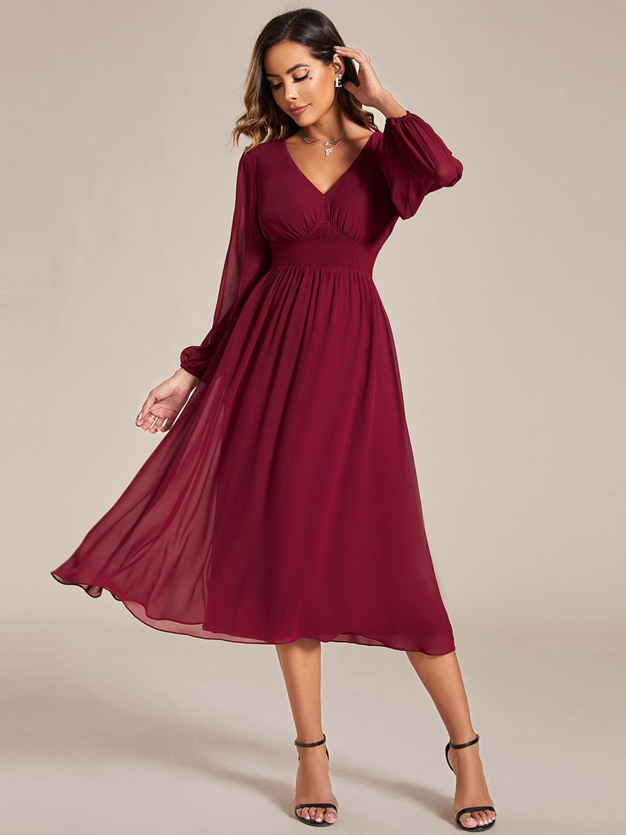 Chiffon V-Neck Long Sleeves Elastic Band Midi Wedding Guest Dress Mother of the Bride Dresses