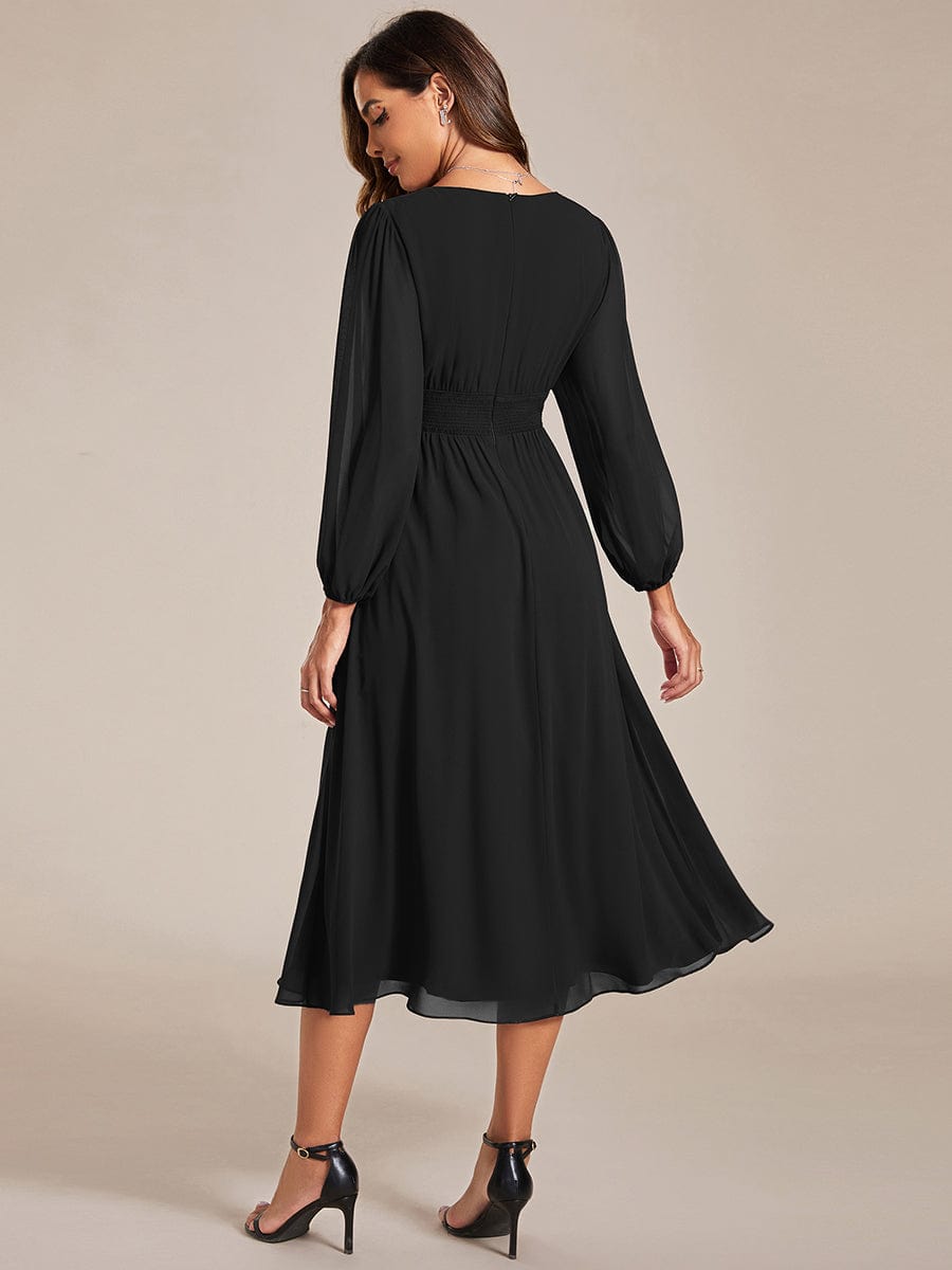 Chiffon V-Neck Long Sleeves Elastic Band Midi Wedding Guest Dress Mother of the Bride Dresses