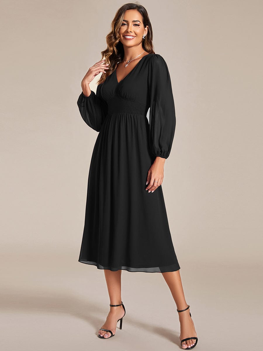 Chiffon V-Neck Long Sleeves Elastic Band Midi Wedding Guest Dress Mother of the Bride Dresses
