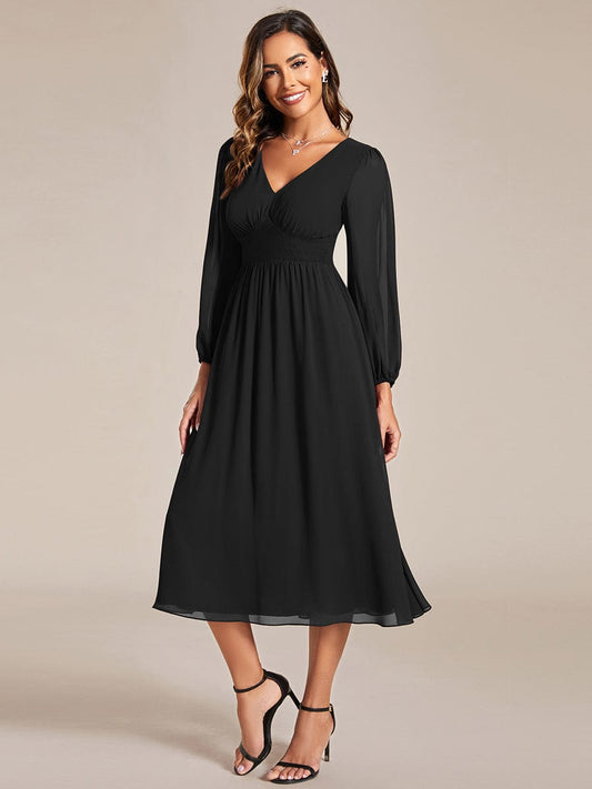 Chiffon V-Neck Long Sleeves Elastic Band Midi Wedding Guest Dress Mother of the Bride Dresses
