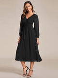 Chiffon V-Neck Long Sleeves Elastic Band Midi Wedding Guest Dress Mother of the Bride Dresses
