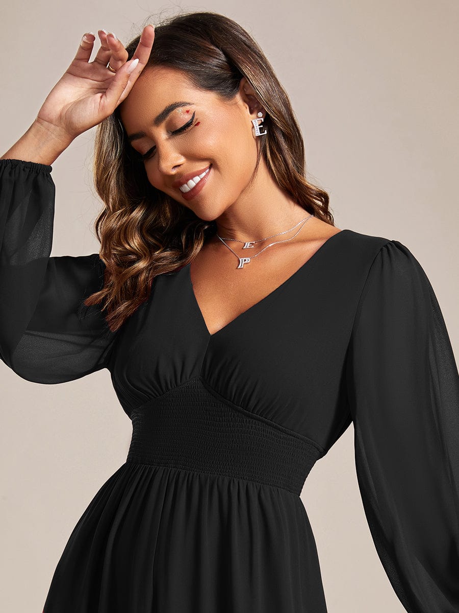 Chiffon V-Neck Long Sleeves Elastic Band Midi Wedding Guest Dress Mother of the Bride Dresses