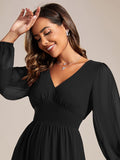 Chiffon V-Neck Long Sleeves Elastic Band Midi Wedding Guest Dress Mother of the Bride Dresses