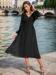 Chiffon V-Neck Long Sleeves Elastic Band Midi Wedding Guest Dress Mother of the Bride Dresses