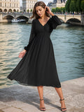 Chiffon V-Neck Long Sleeves Elastic Band Midi Wedding Guest Dress Mother of the Bride Dresses