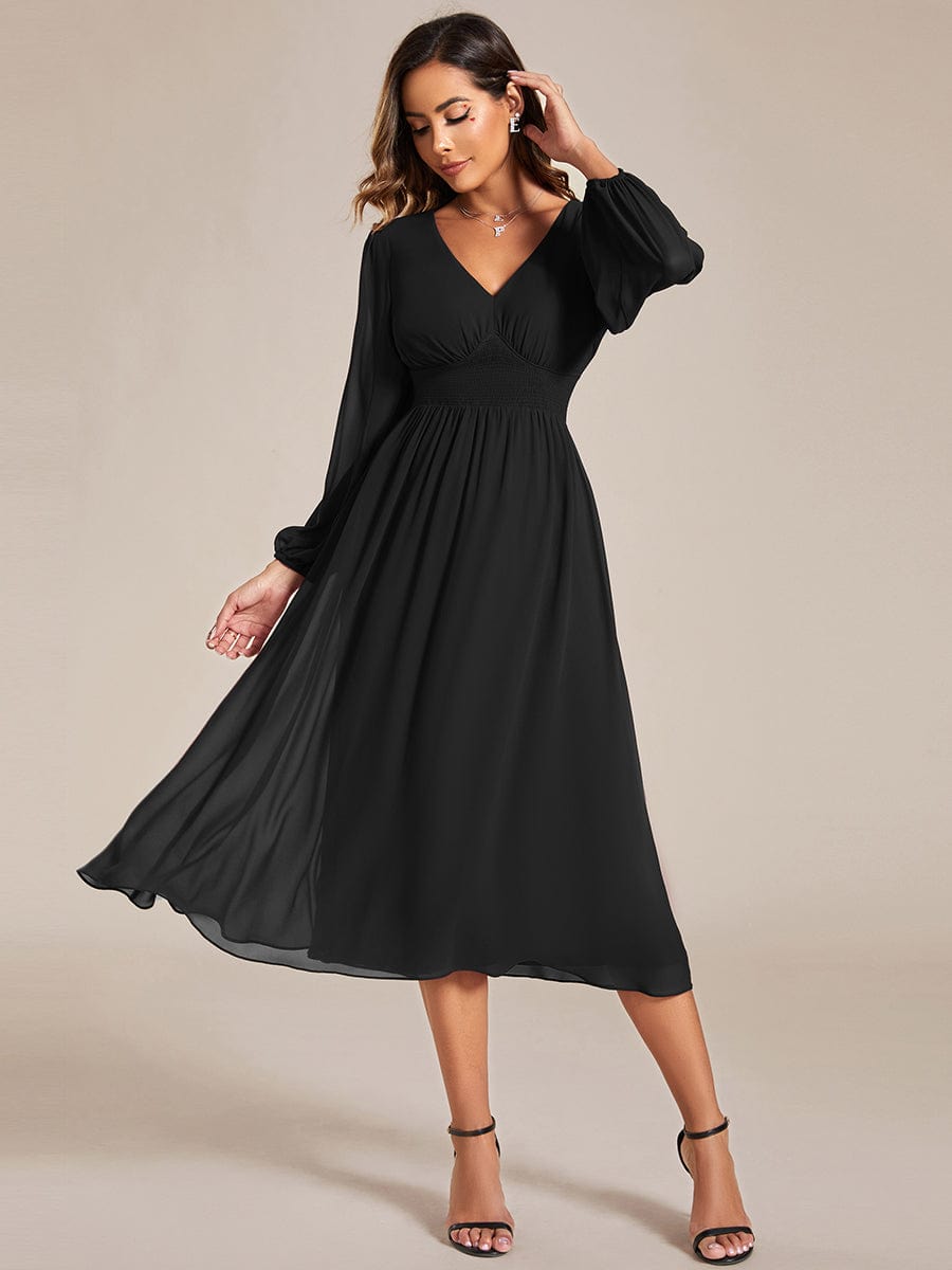 Chiffon V-Neck Long Sleeves Elastic Band Midi Wedding Guest Dress Mother of the Bride Dresses