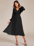 Chiffon V-Neck Long Sleeves Elastic Band Midi Wedding Guest Dress Mother of the Bride Dresses