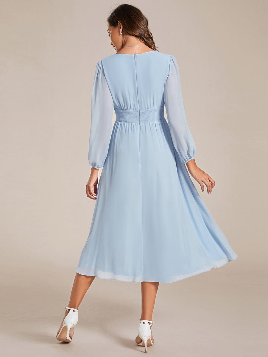 Chiffon V-Neck Long Sleeves Elastic Band Midi Wedding Guest Dress Mother of the Bride Dresses