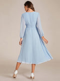 Chiffon V-Neck Long Sleeves Elastic Band Midi Wedding Guest Dress Mother of the Bride Dresses