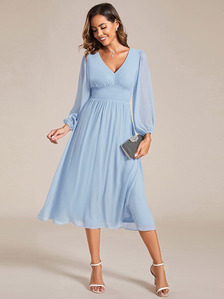 Chiffon V-Neck Long Sleeves Elastic Band Midi Wedding Guest Dress Mother of the Bride Dresses