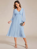 Chiffon V-Neck Long Sleeves Elastic Band Midi Wedding Guest Dress Mother of the Bride Dresses