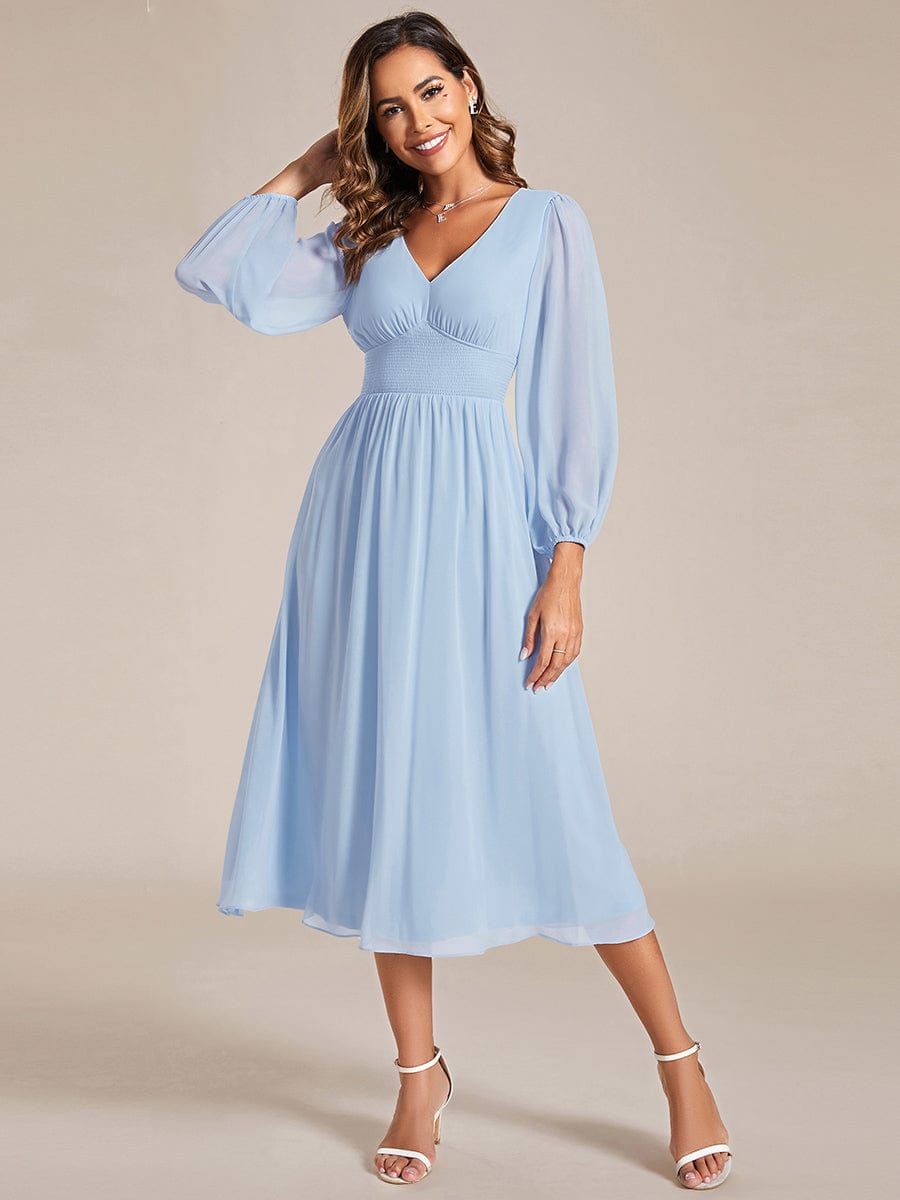 Chiffon V-Neck Long Sleeves Elastic Band Midi Wedding Guest Dress Mother of the Bride Dresses