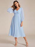 Chiffon V-Neck Long Sleeves Elastic Band Midi Wedding Guest Dress Mother of the Bride Dresses